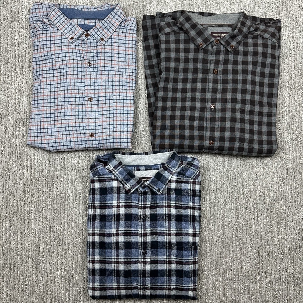 Lot Of 3 Johnston & Murphy Mens XL Check Plaid Shirt Long Sleeve Button Down
